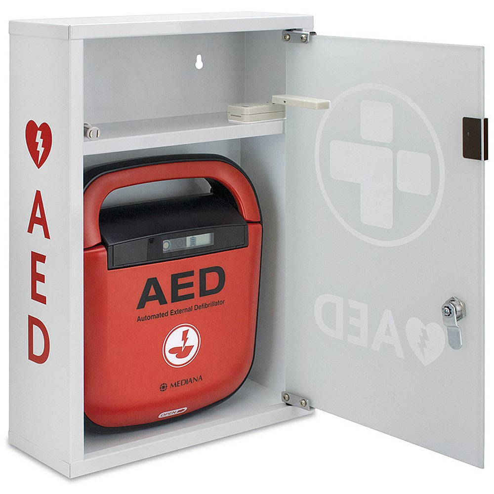 Mediana AED Metal Wall Cabinet, with Glass Door and Alarm, Lockable, Large