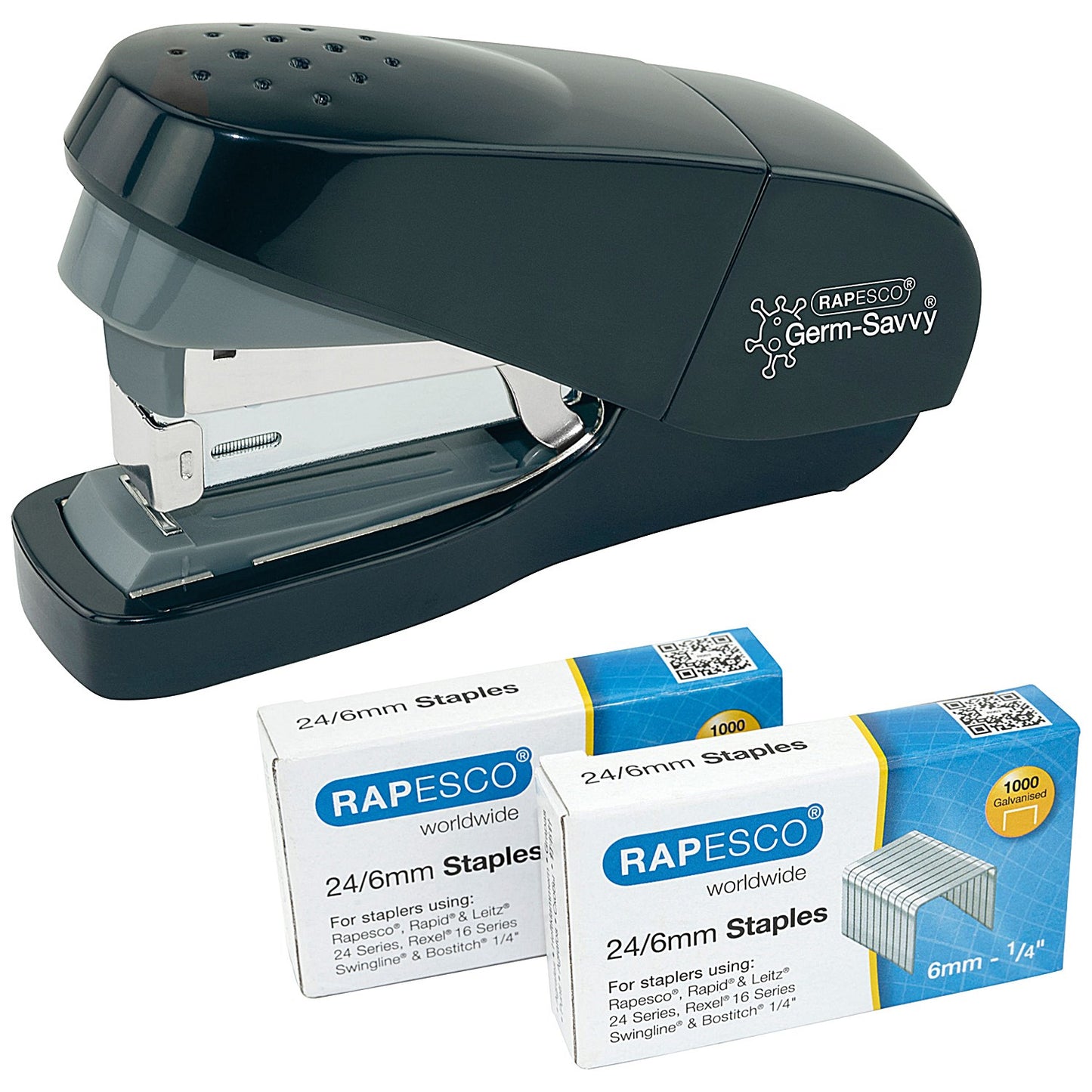 Rapesco Germ-Savvy Eco Flat Clinch Half Strip Stapler, Capacity 30 Sheets, Black