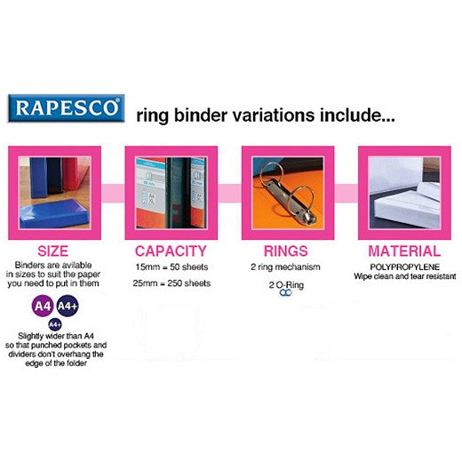 Rapesco Ring Binder, A4, 2 O-Ring, 25mm Capacity, Clear, Pack of 10