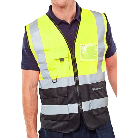 Beeswift Two Tone Executive Waistcoat, Saturn Yellow & Black, Large Easy2Order : HVWCTTSYBLL