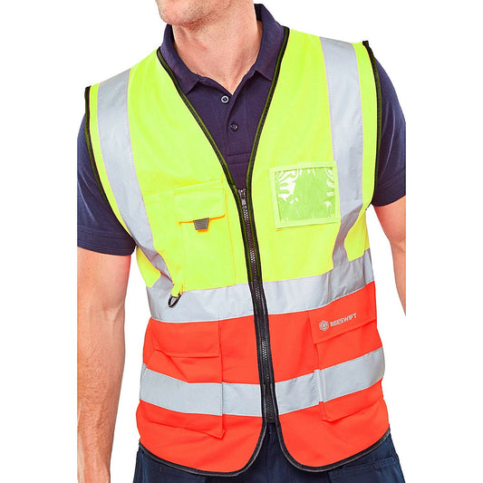 Beeswift Two Tone Executive Waistcoat, Saturn Yellow & Red, Large Easy2Order : HVWCTTSYREL