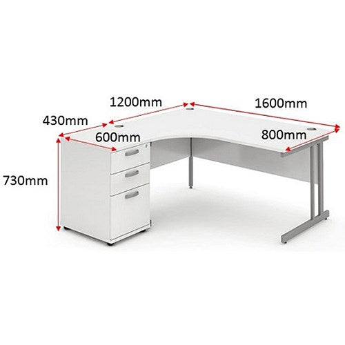Impulse 1600mm Corner Desk with 600mm Desk High Pedestal, Left Hand, Silver Cantilever Leg, White