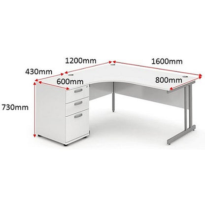 Impulse 1600mm Corner Desk with 600mm Desk High Pedestal, Left Hand, Silver Cantilever Leg, White