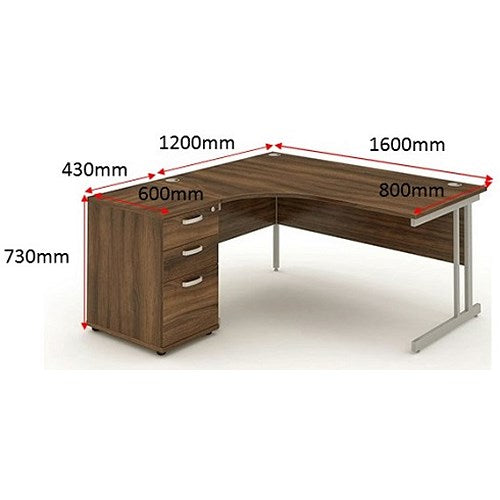Impulse 1600mm Corner Desk with 600mm Desk High Pedestal, Left Hand, Silver Cantilever Leg, Walnut