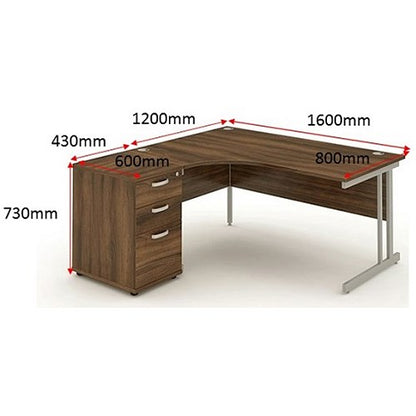 Impulse 1600mm Corner Desk with 600mm Desk High Pedestal, Left Hand, Silver Cantilever Leg, Walnut