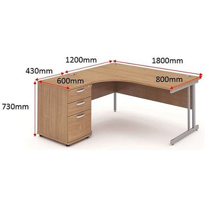 Impulse 1800mm Corner Desk with 600mm Desk High Pedestal, Left Hand, Silver Cantilever Leg, Beech