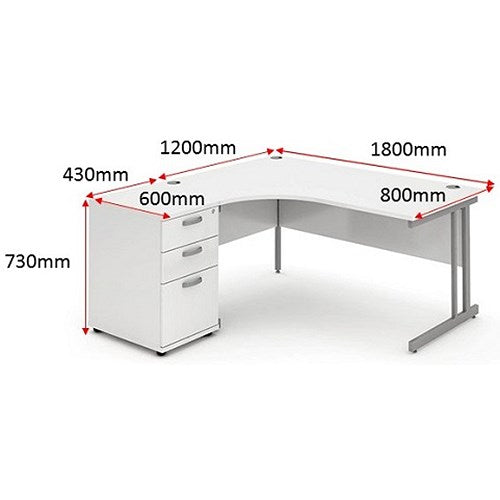 Impulse 1800mm Corner Desk with 600mm Desk High Pedestal, Left Hand, Silver Cantilever Leg, White