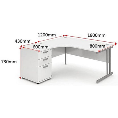 Impulse 1800mm Corner Desk with 600mm Desk High Pedestal, Left Hand, Silver Cantilever Leg, White