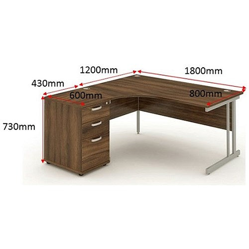 Impulse 1800mm Corner Desk with 600mm Desk High Pedestal, Left Hand, Silver Cantilever Leg, Walnut