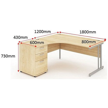 Impulse 1800mm Corner Desk with 600mm Desk High Pedestal, Left Hand, Silver Cantilever Leg, Maple