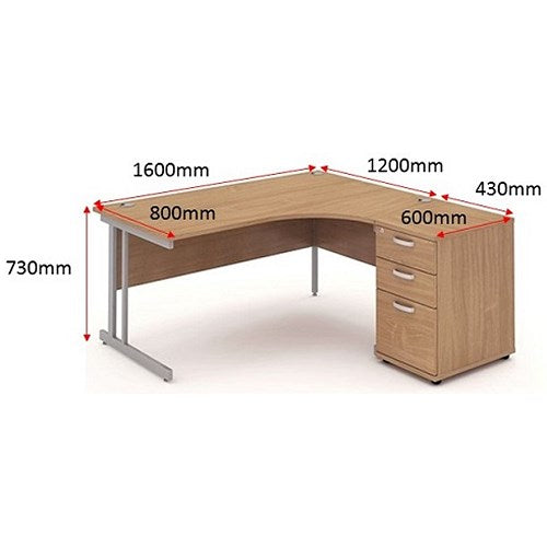 Impulse 1600mm Corner Desk with 600mm Desk High Pedestal, Right Hand, Silver Cantilever Leg, Beech