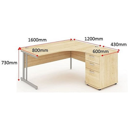 Impulse 1600mm Corner Desk with 600mm Desk High Pedestal, Right Hand, Silver Cantilever Leg, Maple