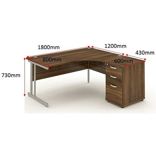Impulse 1800mm Corner Desk with 600mm Desk High Pedestal, Right Hand, Silver Cantilever Leg, Walnut