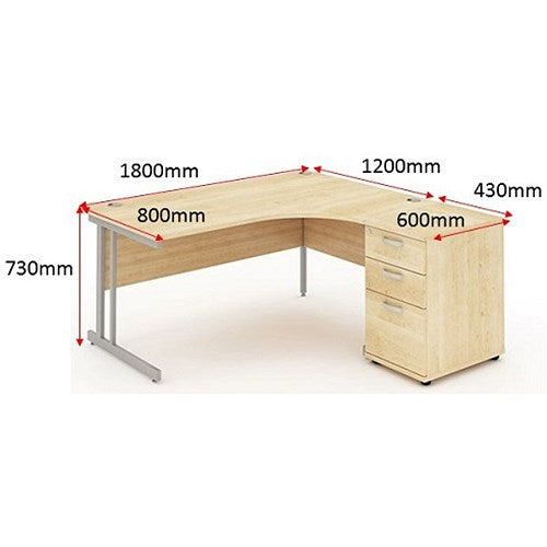 Impulse 1800mm Corner Desk with 600mm Desk High Pedestal, Right Hand, Silver Cantilever Leg, Maple