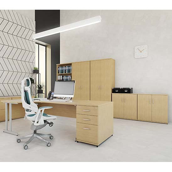 Impulse 1600mm Corner Desk with 800mm Desk High Pedestal, Left Hand, Silver Cantilever Leg, Beech