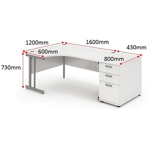 Impulse 1600mm Corner Desk with 800mm Desk High Pedestal, Left Hand, Silver Cantilever Leg, White