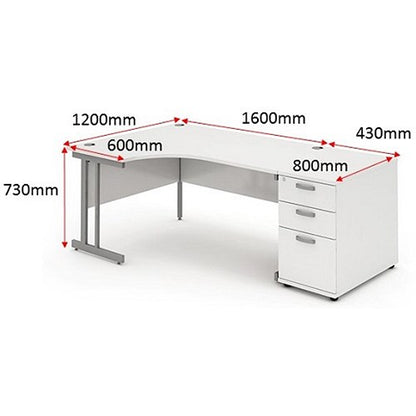 Impulse 1600mm Corner Desk with 800mm Desk High Pedestal, Left Hand, Silver Cantilever Leg, White
