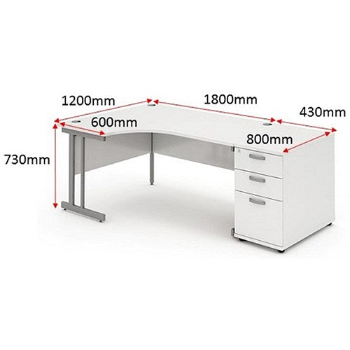 Impulse 1800mm Corner Desk with 800mm Desk High Pedestal, Left Hand, Silver Cantilever Leg, White