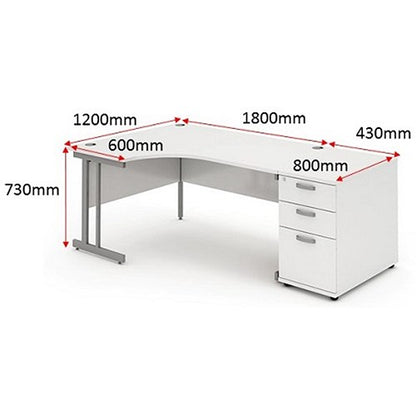 Impulse 1800mm Corner Desk with 800mm Desk High Pedestal, Left Hand, Silver Cantilever Leg, White