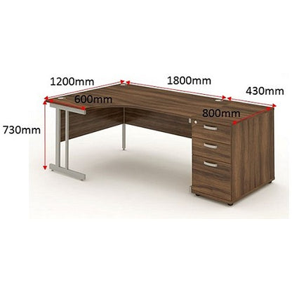 Impulse 1800mm Corner Desk with 800mm Desk High Pedestal, Left Hand, Silver Cantilever Leg, Walnut