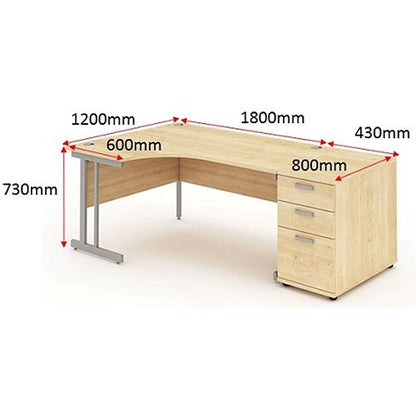 Impulse 1800mm Corner Desk with 800mm Desk High Pedestal, Left Hand, Silver Cantilever Leg, Maple