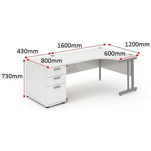 Impulse 1600mm Corner Desk with 800mm Desk High Pedestal, Right Hand, Silver Cantilever Leg, White
