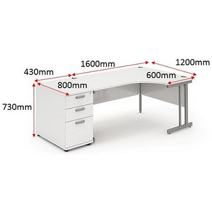 Impulse 1600mm Corner Desk with 800mm Desk High Pedestal, Right Hand, Silver Cantilever Leg, White