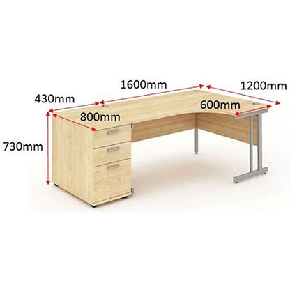 Impulse 1600mm Corner Desk with 800mm Desk High Pedestal, Right Hand, Silver Cantilever Leg, Maple