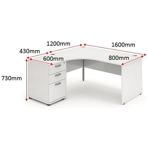 Impulse 1600mm Corner Desk with 600mm Desk High Pedestal, Left Hand, Panel End Leg, White