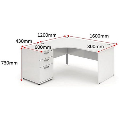 Impulse 1600mm Corner Desk with 600mm Desk High Pedestal, Left Hand, Panel End Leg, White