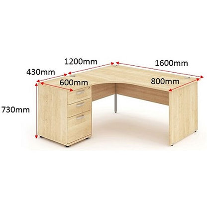 Impulse 1600mm Corner Desk with 600mm Desk High Pedestal, Left Hand, Panel End Leg, Maple