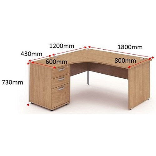Impulse 1800mm Corner Desk with 600mm Desk High Pedestal, Left Hand, Panel End Leg, Beech
