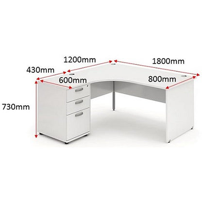 Impulse 1800mm Corner Desk with 600mm Desk High Pedestal, Left Hand, Panel End Leg, White