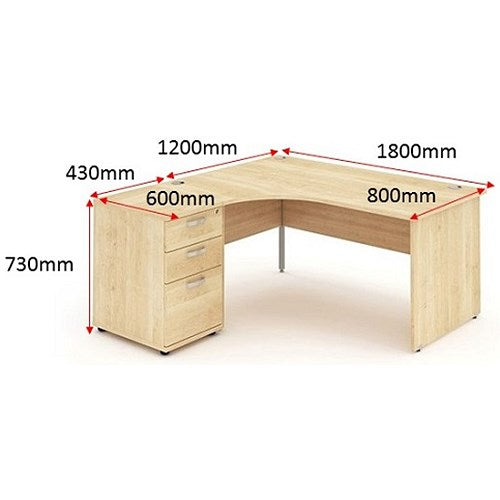 Impulse 1800mm Corner Desk with 600mm Desk High Pedestal, Left Hand, Panel End Leg, Maple