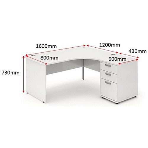 Impulse 1600mm Corner Desk with 600mm Desk High Pedestal, Right Hand, Panel End Leg, White