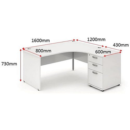Impulse 1600mm Corner Desk with 600mm Desk High Pedestal, Right Hand, Panel End Leg, White