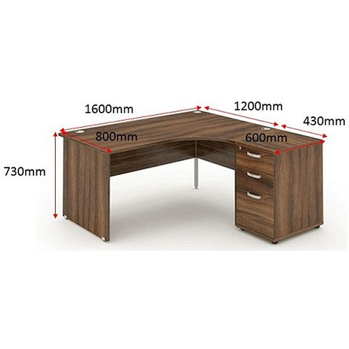 Impulse 1600mm Corner Desk with 600mm Desk High Pedestal, Right Hand, Panel End Leg, Walnut