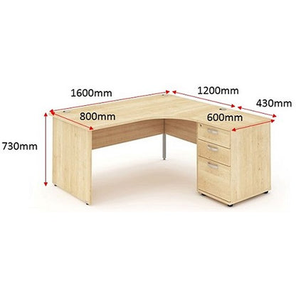 Impulse 1600mm Corner Desk with 600mm Desk High Pedestal, Right Hand, Panel End Leg, Maple