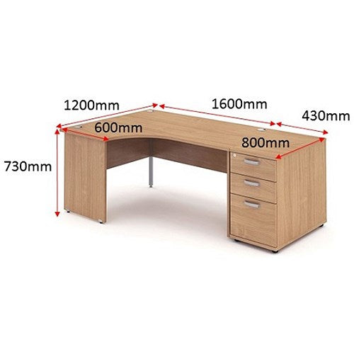 Impulse 1600mm Corner Desk with 800mm Desk High Pedestal, Left Hand, Panel End Leg, Beech