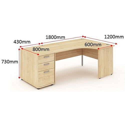 Impulse 1800mm Corner Desk with 800mm Desk High Pedestal, Right Hand, Panel End Leg, Maple