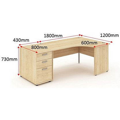 Impulse 1800mm Corner Desk with 800mm Desk High Pedestal, Right Hand, Panel End Leg, Maple