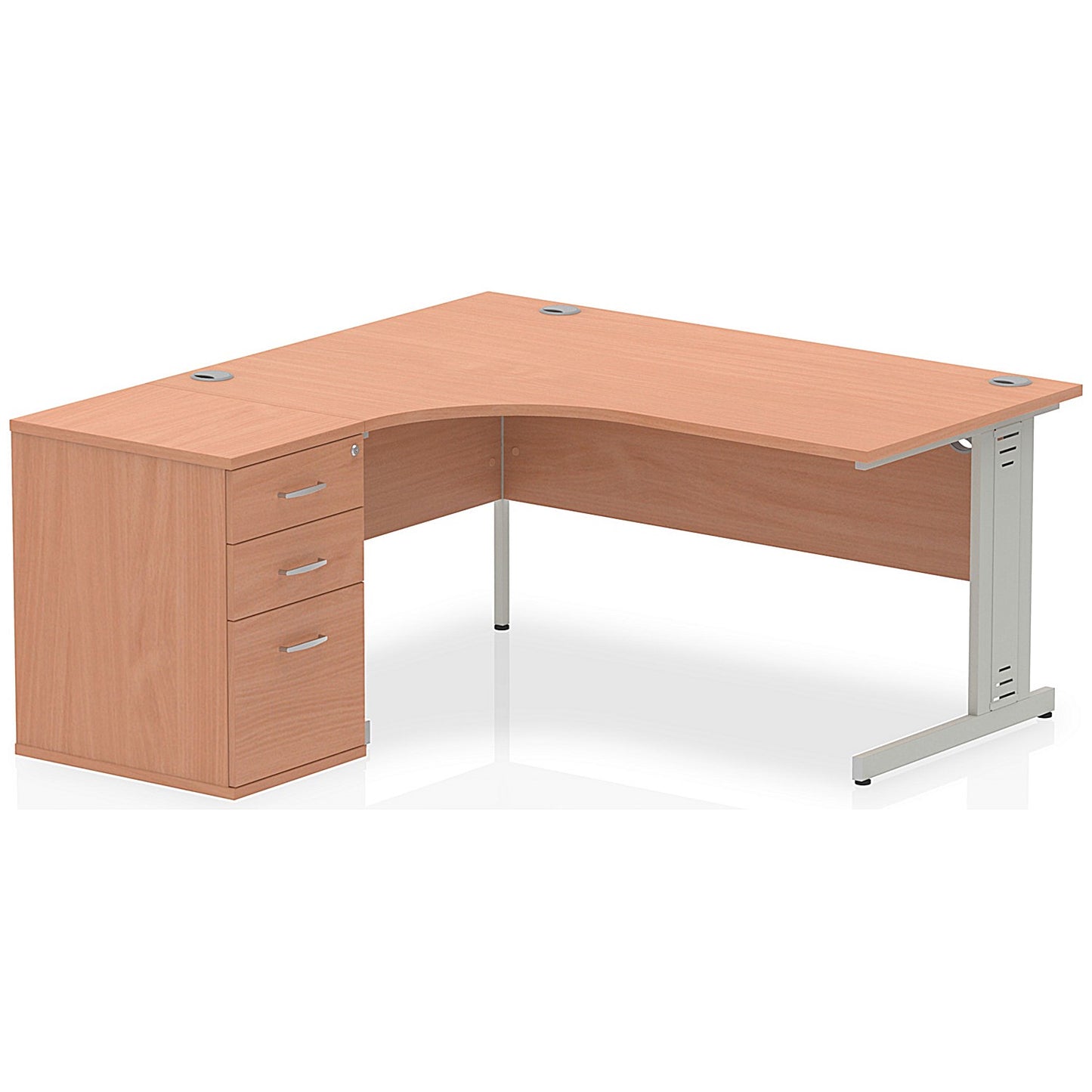 Impulse 1600mm Corner Desk with 600mm Desk High Pedestal, Left Hand, Silver Cable Managed Leg, Beech