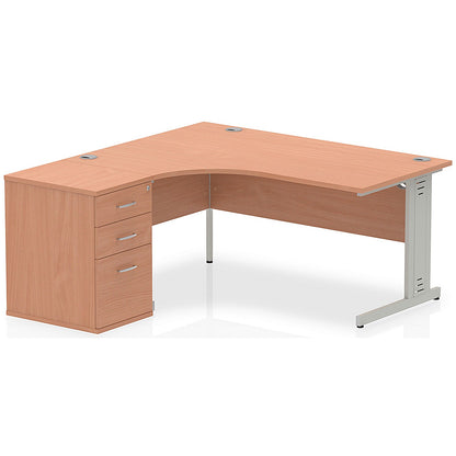 Impulse 1600mm Corner Desk with 600mm Desk High Pedestal, Left Hand, Silver Cable Managed Leg, Beech