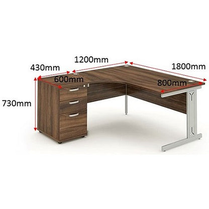 Impulse 1800mm Corner Desk with 600mm Desk High Pedestal, Left Hand, Silver Cable Managed Leg, Walnut