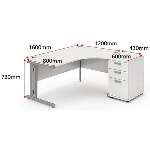 Impulse 1600mm Corner Desk with 600mm Desk High Pedestal, Right Hand, Silver Cable Managed Leg, White