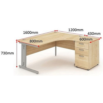 Impulse 1600mm Corner Desk with 600mm Desk High Pedestal, Right Hand, Silver Cable Managed Leg, Maple