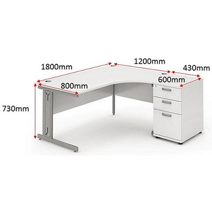 Impulse 1800mm Corner Desk with 600mm Desk High Pedestal, Right Hand, Silver Cable Managed Leg, White