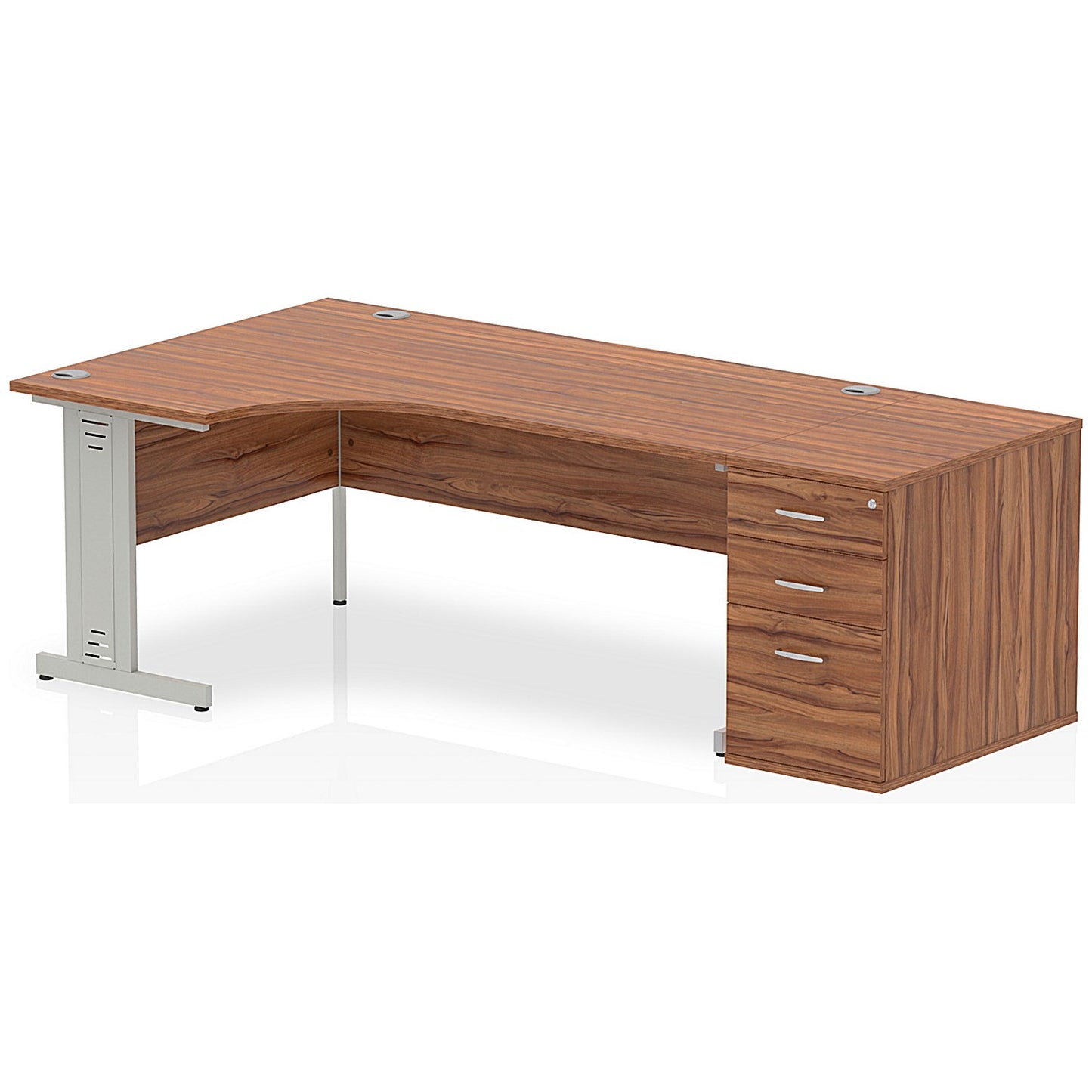 Impulse 1800mm Corner Desk with 800mm Desk High Pedestal, Left Hand, Silver Cable Managed Leg, Walnut
