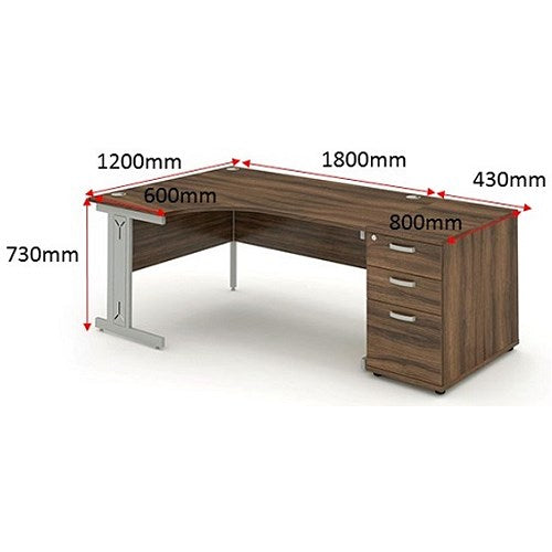 Impulse 1800mm Corner Desk with 800mm Desk High Pedestal, Left Hand, Silver Cable Managed Leg, Walnut