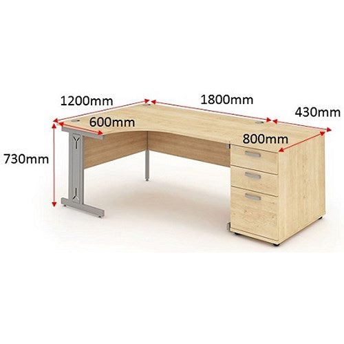 Impulse 1800mm Corner Desk with 800mm Desk High Pedestal, Left Hand, Silver Cable Managed Leg, Maple